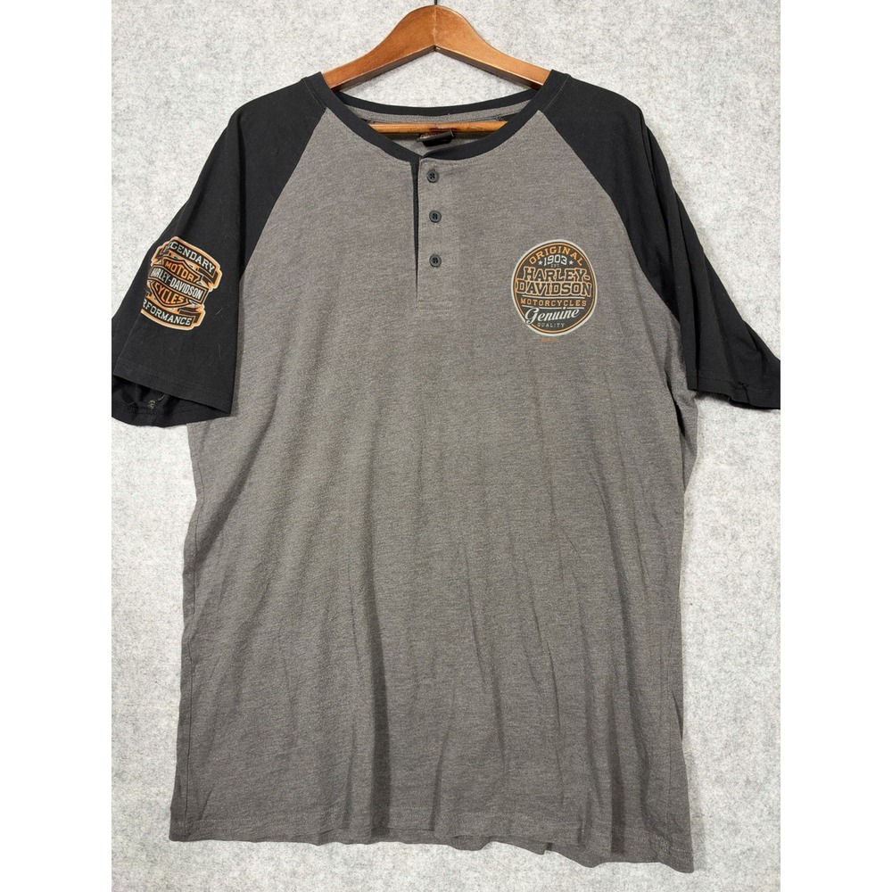 Harley Davidson Henley Shirt Mens 2XL Gray Black Raglan Black Hills Rapid City